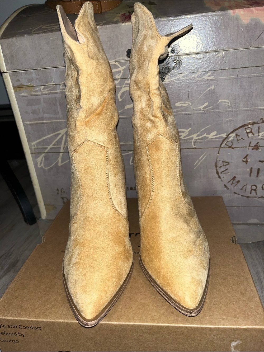 Coutgo Women's Tan Suede Pointed Toe Western Block Heel Boots - Picture 8 of 9